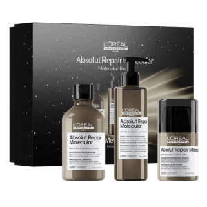 L'Oréal Professionnel Absolut Repair Molecular -lahjasetti on täydellinen tehohoitopaketti vaurioituneille hiuksille. Tämä ylellinen hoitosetti sisältää kolme vallankumouksellista tuotetta, jotka korjaavat hiuksen molekyylirakennetta sisältäpäin: hellävaraisen shampoon, syväkorjaavan seerumin sekä suojaavan leave-in-naamion. Setti palauttaa hiusten eloisuuden, vahvuuden ja elastisuuden tehden niistä välittömästi pehmeämmät ja terveemmän näköiset. Täydellinen lahjaidea kampaamotasoista hoitoa arvostavalle.